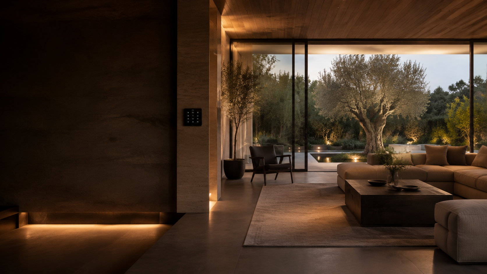 Architectural illustration of a Mediterranean home with warm lighting